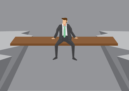 Businessman sitting on a plank laid across two cliffs, with his legs dangling in the air. Creative illustration with copy space for concept on risky business position.のイラスト素材