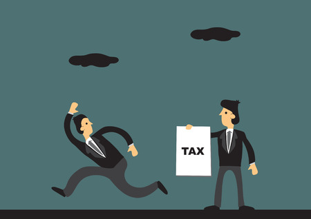 Cartoon businessman running away from tax collector. illustration on tax evasion concept.のイラスト素材