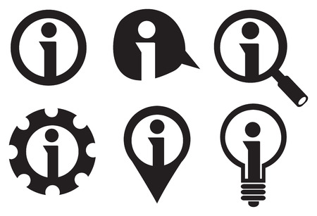 Set of six icon designs for information sign with letter i inside circle isolated on white backgroundのイラスト素材
