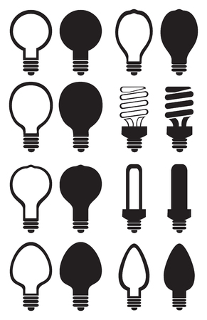 icon set of light bulbs and fluorescent lamps in variety of shapes and designs in black and white isolated on white background.のイラスト素材