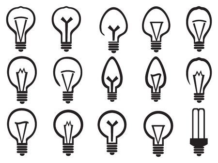 Set of black and white minimalist illustrations of light bulbs, symbolism for bright ideas, isolated on white background.のイラスト素材