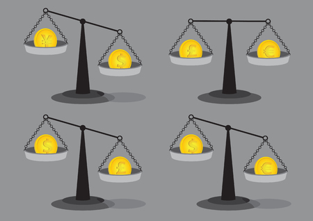 Set of four illustrations of gold coins on old fashion balancing beam weighing scales isolated on grey background for foreign exchange rate concept.のイラスト素材