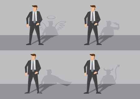 Business executive and his shadow on the wall revealing his true personality. Creative cartoon illustrations on spiritual concept isolated on grey background.のイラスト素材