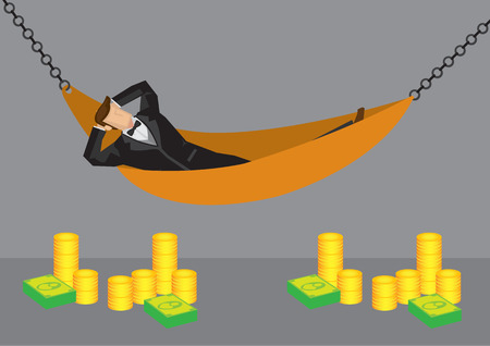 Cartoon man relaxing in hammock with stack of dollar notes and gold coins in the foreground. illustration on wealth and financial freedom concept isolated on grey background.のイラスト素材