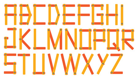 Complete set of font design with angular alphabets formed by sticks joined by screws isolated on white background.のイラスト素材