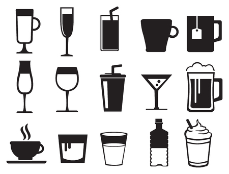 Black and white icon set of drinks in variety of glasses and cups isolated on white background.のイラスト素材