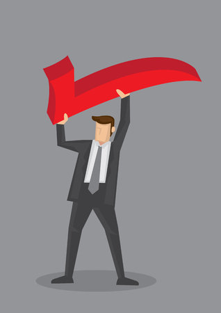 illustration of a businessman holding a huge red tick sign above his head isolated on grey background.のイラスト素材