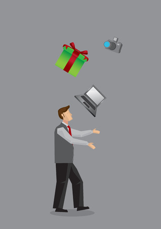 Side view of modern man juggling gift box, laptop computer and SLR camera. Creative illustration for consumerism concept isolated on grey background.のイラスト素材