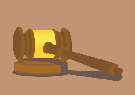 Wooden hammer lying on a small sound block podium. illustration isolated on plain background.のイラスト素材