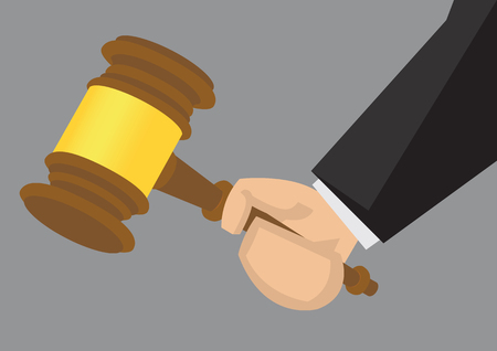 Cartoon vector illustration of a hand in black long sleeve holding a small wooden hammer isolated on grey background.のイラスト素材