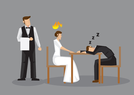 Worn out cartoon man fell asleep over formal dinner, leaving his female partner pissed. Vector illustration of an unromantic dinner date isolated on grey background.のイラスト素材