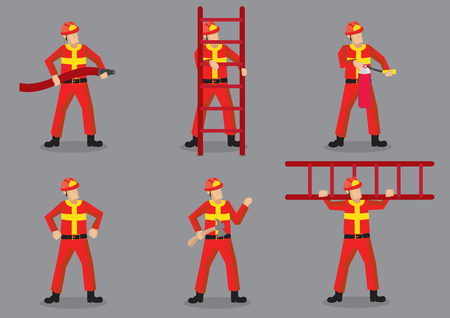 Set of six vector illustration of fireman character in red uniform and protective helmet with equipment isolated on grey background.のイラスト素材