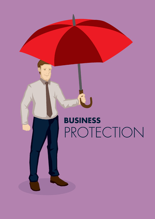 Cartoon businessman holding a big red umbrella isolated on plain purple background. Metaphor for protection vector business illustration.のイラスト素材