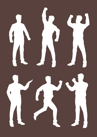 White silhouettes of cartoon business professionals in variety of body languages and expressive gestures for different expressions. Vector illustration isolated on plain brown background.のイラスト素材