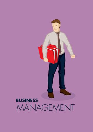 Vector illustration of business professional carrying a document folder isolated on purple background with text Business Management.のイラスト素材