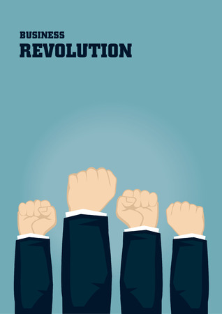 Raised hands holding fists on blue background with text Business Revolution. Creative concept vector business illustration.のイラスト素材