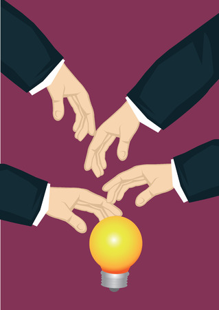 Many hands from the side reaching for illuminated light bulb, symbol for business idea. Creative vector cartoon business illustration on metaphor for popular business idea concept.のイラスト素材