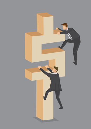 Vector illustration of a businessmen trying to climb to the top of dollar symbol block. Creative vector illustration on business and money making concept isolated on grey background.のイラスト素材