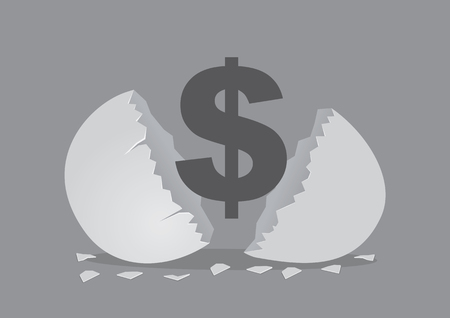 Money sign inside a cracked open egg shell. Creative cartoon vector illustration for concept on money for nest egg isolated on grey backgroundのイラスト素材