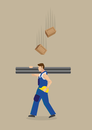 Worker carrying metal poles on shoulders with yellow helmet on hand.のイラスト素材