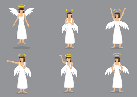 Set of six vector illustration of lady angel wearing long white dress with wings on back and halo above head. Isolated on grey background.のイラスト素材