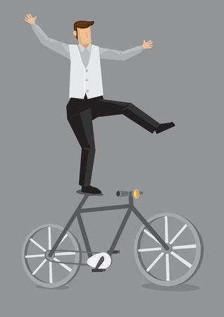 Cartoon man balancing with one leg on the saddle of bicycle vector illustrationのイラスト素材
