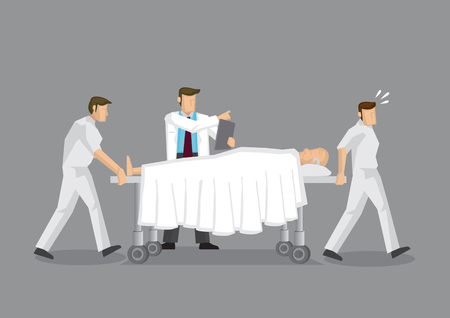 Health Professionals transporting elderly patient on mobile hospital bed with doctor directing at the side. Cartoon vector illustration on health and medical emergency department service.のイラスト素材