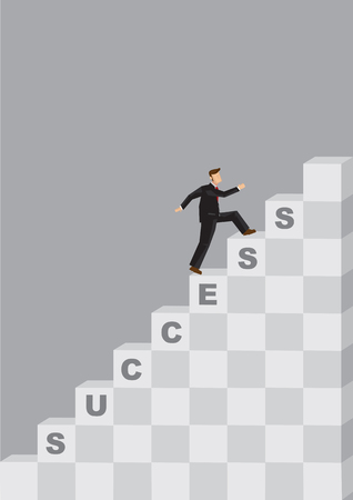 Businessman climbing up steps of the Success stairs. Creative vector illustration on taking strides to achieve to business success concept.のイラスト素材
