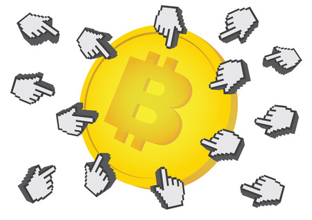 Illustration showing mouse cursors clicking towards a bitcoin. cncept of the popular demand of cryptocurrency.のイラスト素材