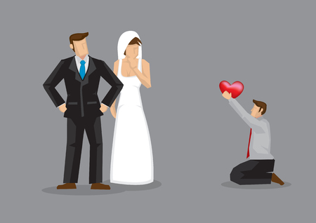 Cartoon man kneels down on floor and proposes to wedding bride. Vector illustration on concept for love triangle.のイラスト素材