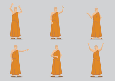 Set of six vector illustration of religious buddhist monk in yellow robe isolated on plain background.のイラスト素材