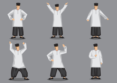 Set of six vector illustrations of character design of malay man in traditional costume isolated on grey background.のイラスト素材