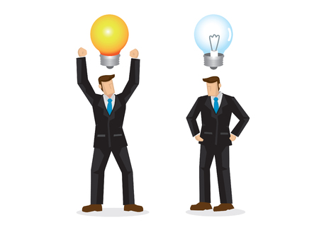 Two businessmen with one with a creative idea. The other businessman is furious for not having any idea. Showing the advantages and important of having ideas in the corporate world. Vector illustration.のイラスト素材