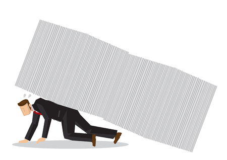 Pile of papers or documents falling on top of a businessman. Metaphor of work stress. Concept of overwork, overload and corporate problem. Isolated vector illustration.のイラスト素材