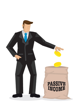 Businessman in suit dropping money into a bag label passive income. Concept of passive income and additional income. Vector illustration.のイラスト素材