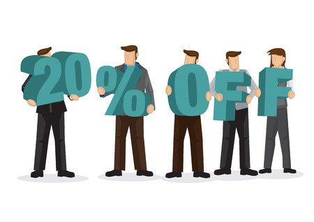 Group of business people holding giant alphabet to form 20 percentage off. Concept of promotion, teamwork or discount. Cartoon isolated vector illustration.のイラスト素材