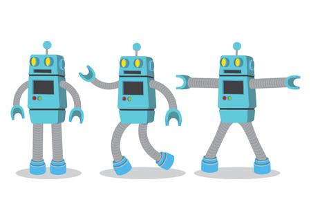 Creative cartoon vector illustration of blue robot on white background. A set of three robots with different posed.のイラスト素材