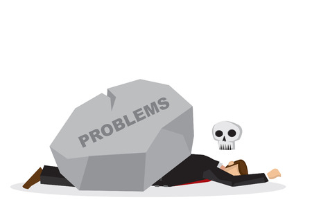 Dead businessman under a giant rock title problems. Corporate business crisis, disaster, misfortune or fail concept. Isolated vector illustration.のイラスト素材