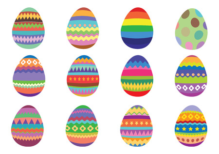 Set of 12 colourful Easter eggs on a white background. Isolated vector illustration.のイラスト素材