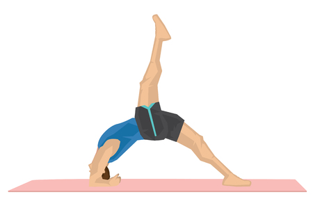 Illustration of a strong man practicing yoga with a invert staff pose. Concept of yoga calmness, relaxation and wellness. Vector illustration.のイラスト素材