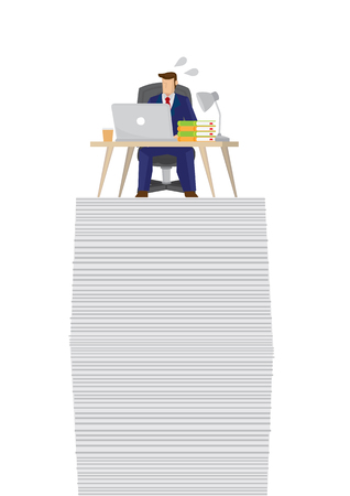 Busy businessman on top of a giant stack of papers and documents. Stress at work. Concept of overwork, overload and corporate problem. Isolated vector illustration. のイラスト素材