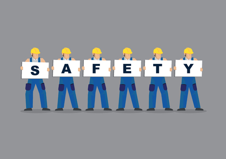 Vector Illustration of construction workers holding white board cards title Safety. Full length on grey background. Portray a concept of safety working.のイラスト素材
