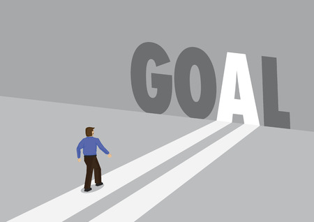 Businessman walking towards a light path with the text goal. Business concept of corporate goal setting, innovation or overcoming challenge. Vector illustration.のイラスト素材