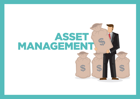 Layout of a businessman with bags of money with a title of asset management. Concept of corporate money managementのイラスト素材