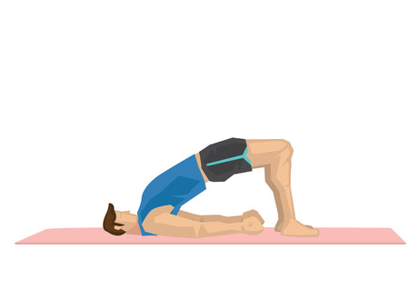 Illustration of a strong man practicing yoga with a bridge pose. Concept of yoga calmness, relaxation and wellness. Vector illustration.のイラスト素材