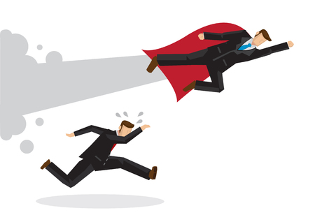 Super Businessman flying past a running businessman. Concept of the speed and achievement of super human business leader over normal business man. Vector cartoon illustration.のイラスト素材