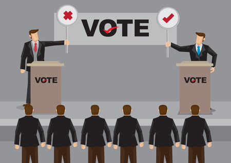 Two election candidates standing behind podium and holding cross and tick symbol signs in front of audience. Vector cartoon illustration on election debate concept.のイラスト素材