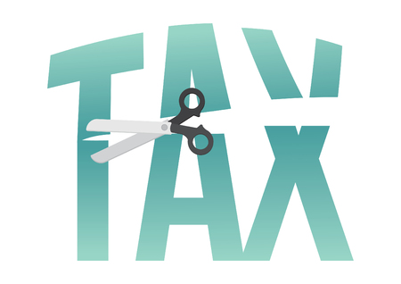 Illustration of a scissors cutting across a giant tax text. Concept of cutting taxes. Vector illustrationのイラスト素材