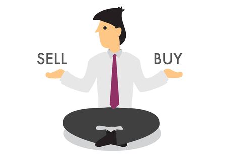 Businessman guru deciding to buy or to sell. Concept of stock trading or corporate planning. Isolated flat vector illustration.のイラスト素材