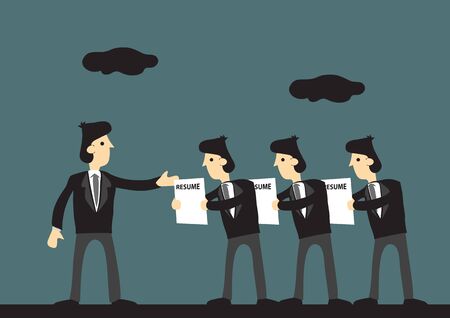 Job seekers holding resume document and waiting in line to meet prospective employer. Cartoon vector illustration on seeking employment concept.のイラスト素材